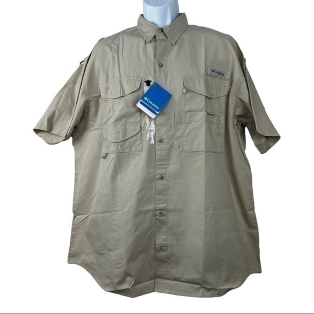 Columbia Men PFG Fishing Shirt Buttons Down Cream/Tan Size Large